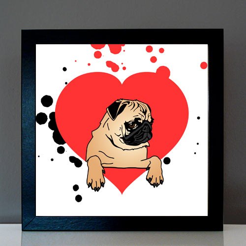 Hund Mops 6 mit Herz und klecksen Pop Art Retro Bild Tierportrait von bg-color.de