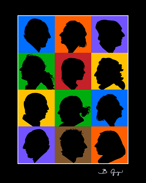 Scherenschnitt Familienportrait mit 12 bunten Köpfen
