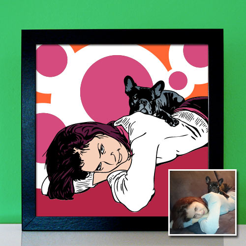 Pop Art Tierportraits zeichnen lassen im Retro-Design Hund und Frauchen auf dem Sofa