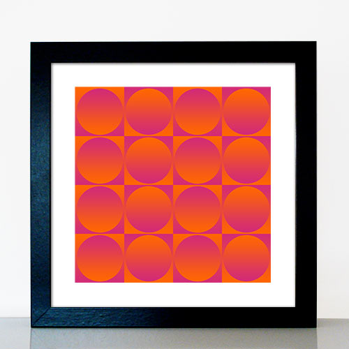 Op-Art Illustration Sixties Bubbles Kreis, Quadrat, orange und Brombeer in Konkurrenz