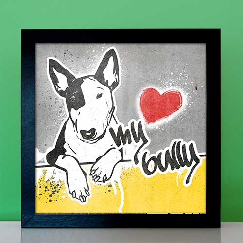 StreetArt Hund Bullterrier Bulli mit Monokel von Birgit Greger